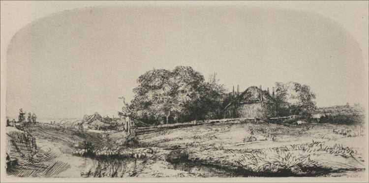 Long, arched Rembrandt etching of a Dutch pasture: a shallow stream and small bridge at left, a flock of sheep grazing near the bank, a thatched farmhouse tucked among dense trees at center, and a curving cart track leading toward the pale horizon under a wide sky.