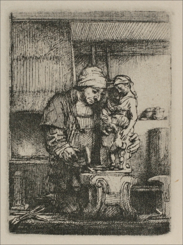Small Rembrandt etching of a studio where an artist bends over a pedestal to draw a mother-and-child statuette beside a glowing hearth, tools scattered on the floor and a shelf of vessels at right, all rendered in dense, expressive hatching.