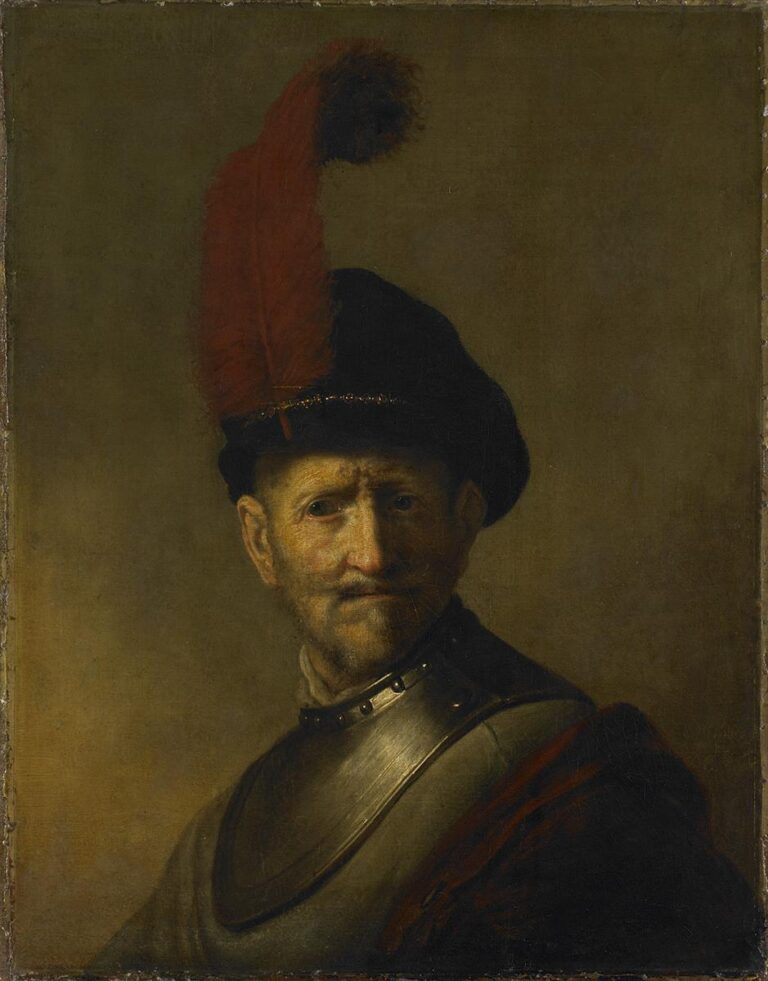 An oil painting of an elderly man wearing a steel gorget and a dark cap with a red feather, his face half-lit against a warm brown background, turning in three-quarter view with a thoughtful, weathered expression.