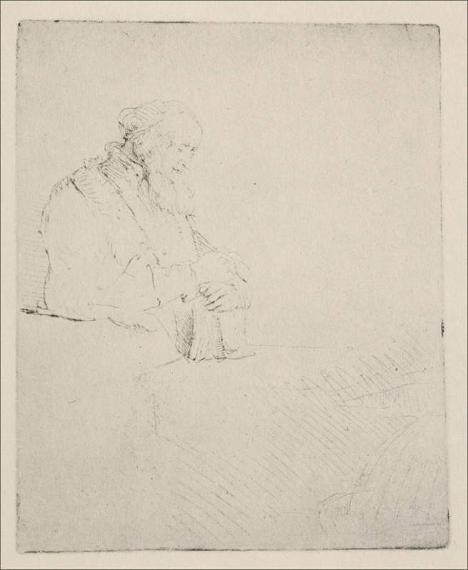 Minimal Rembrandt etching of a seated elderly man in cap and furred collar, head bowed and hands lightly resting on the upright spine of a thick book, surrounded by large areas of untouched paper with faint hatching indicating a tabletop.