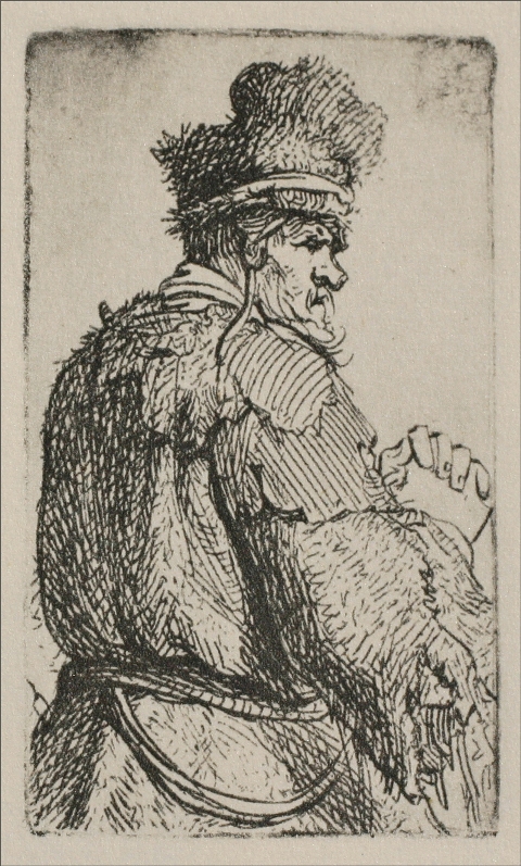 Small etching of an elderly man turned away, fur cap and heavy mantle filling the plate; his profile and hand emerge from dense hatching while open space frames the head, creating a dramatic, intimate study of posture and texture.