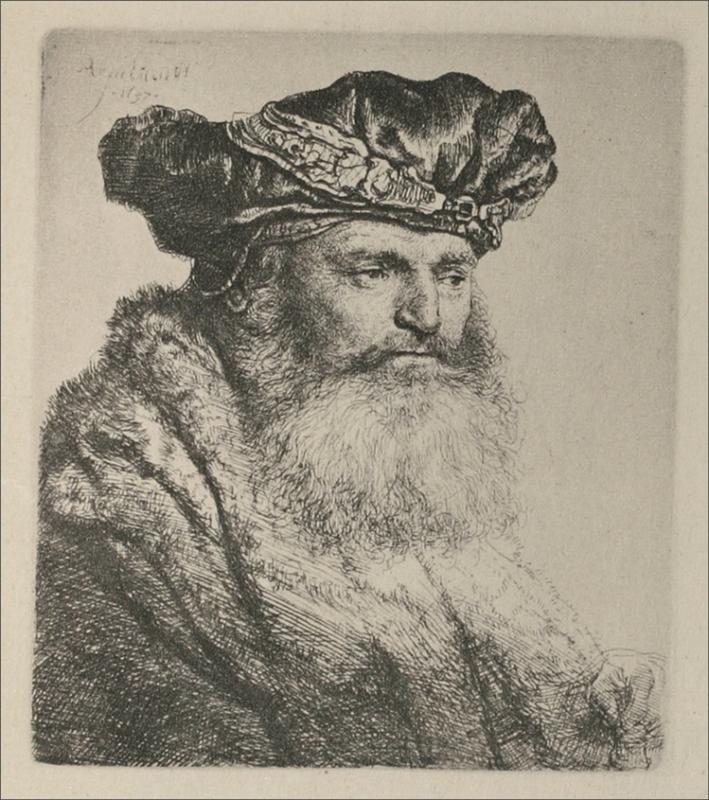 Etching of an elderly man in three-quarter view wearing a plush velvet cap with a decorative band and a heavy fur mantle; his downturned gaze and expansive beard are modeled with rich hatching against a plain background, signed and dated at the upper left.