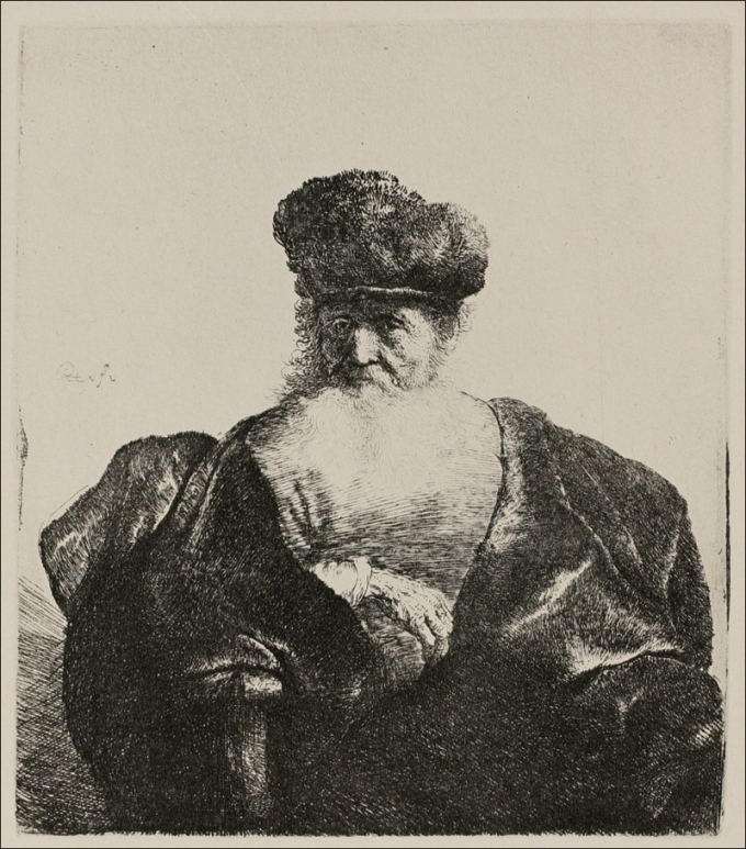 Rembrandt etching of an elderly man seen half-length, wearing a dark fur cap and heavy velvet cloak; a broad, luminous beard dominates the chest while the intense eyes peer from shadow, the surrounding background left largely blank to push the figure forward.