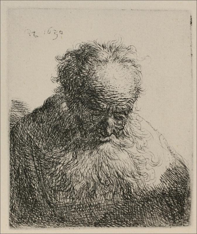 A small Rembrandt etching of an elderly man with head bowed and eyes downcast; the bald crown catches light while a large flowing beard, rendered in looping lines, spills over a dark, cross-hatched cloak against a mostly blank background.