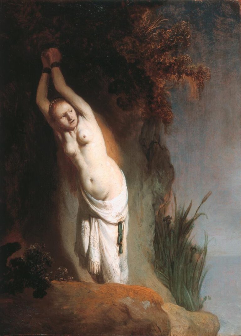 Rembrandt’s 1631 painting of Andromeda chained to a cliff, her bare torso lit against a dark rocky grotto as she twists toward a cool blue sea; white drapery at her hips and sparse foliage frame the figure, emphasizing the tense moment before rescue.
