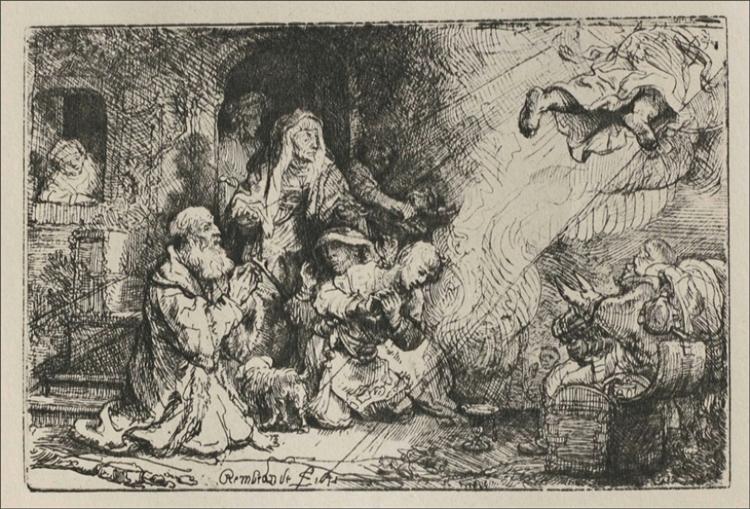 Etching by Rembrandt showing the moment the archangel Raphael departs from Tobit’s household: the family kneels and gestures in a crowded interior while a brilliant diagonal of light carries the angel upward at right, with everyday objects and a small dog grounding the miracle in domestic life.