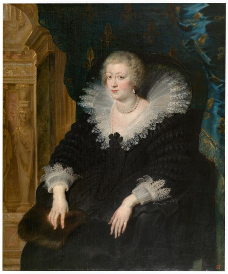 Full-length Baroque portrait by Peter Paul Rubens of Anne of Austria seated in a carved armchair, wearing a black silk gown with white lace ruff and pearls, set against a blue fleur-de-lis curtain and a glimpse of palace architecture.