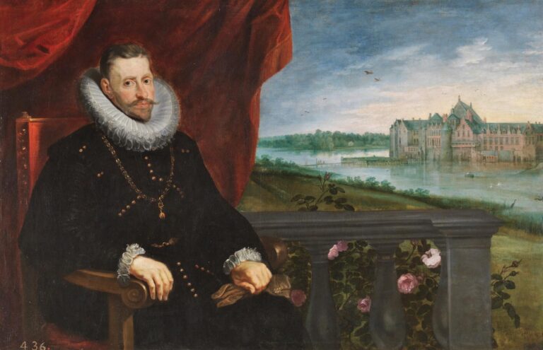 Rubens portrays Archduke Albert seated in black dress with a white ruff and Golden Fleece chain beside a balustrade that opens to a riverine palace landscape, red curtain framing the sober, dignified ruler.