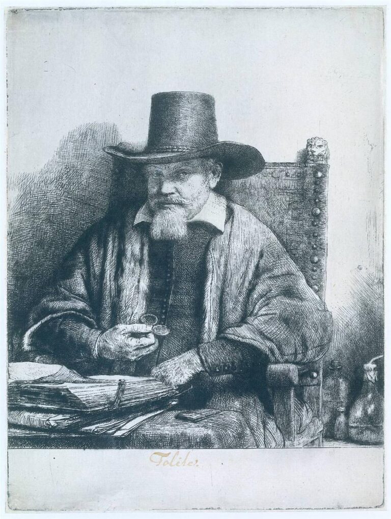 Rembrandt etching of a seated man in a tall hat and fur-trimmed gown, holding spectacles above a stack of papers on a table, set against a pale background with a studded chair and bottles; the face calmly illuminated, the lines rich with texture.