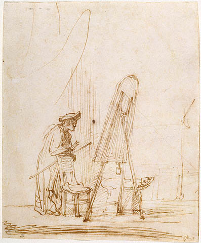Brown ink drawing of a lone artist standing before a tall easel in a simple studio, tools in hand and body leaning forward in concentrated preparation.