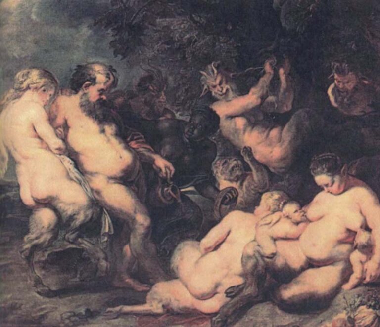 In a shaded grove, satyrs, nymphs, and putti cluster in a tight circle as one mother nurses her infant, an elder satyr steadies the revelers, and another hangs from a branch; vine leaves and wineskin signal Bacchus as warm light glows across intertwined bodies.