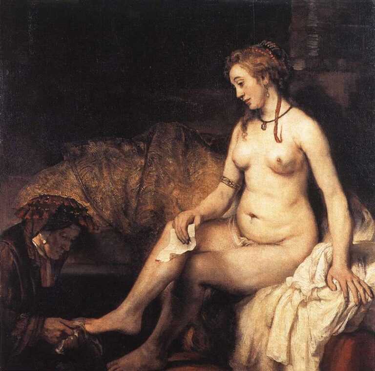 Oil painting of Bathsheba seated nude after bathing, holding a folded letter in her right hand while an older attendant dries her foot; warm light illuminates her body against a dark interior with a heavy gold-brown curtain and white linens.