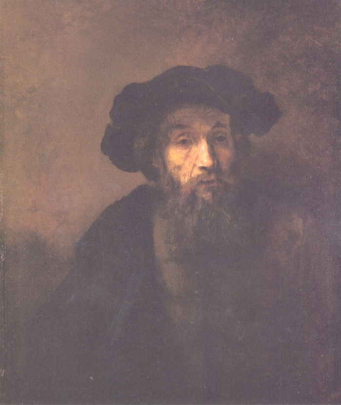 Half-length portrait of an elderly man wearing a dark beret; warm light grazes forehead, cheek, and textured beard while hat, shoulders, and background recede into deep brown shadow, creating an intimate, contemplative mood.