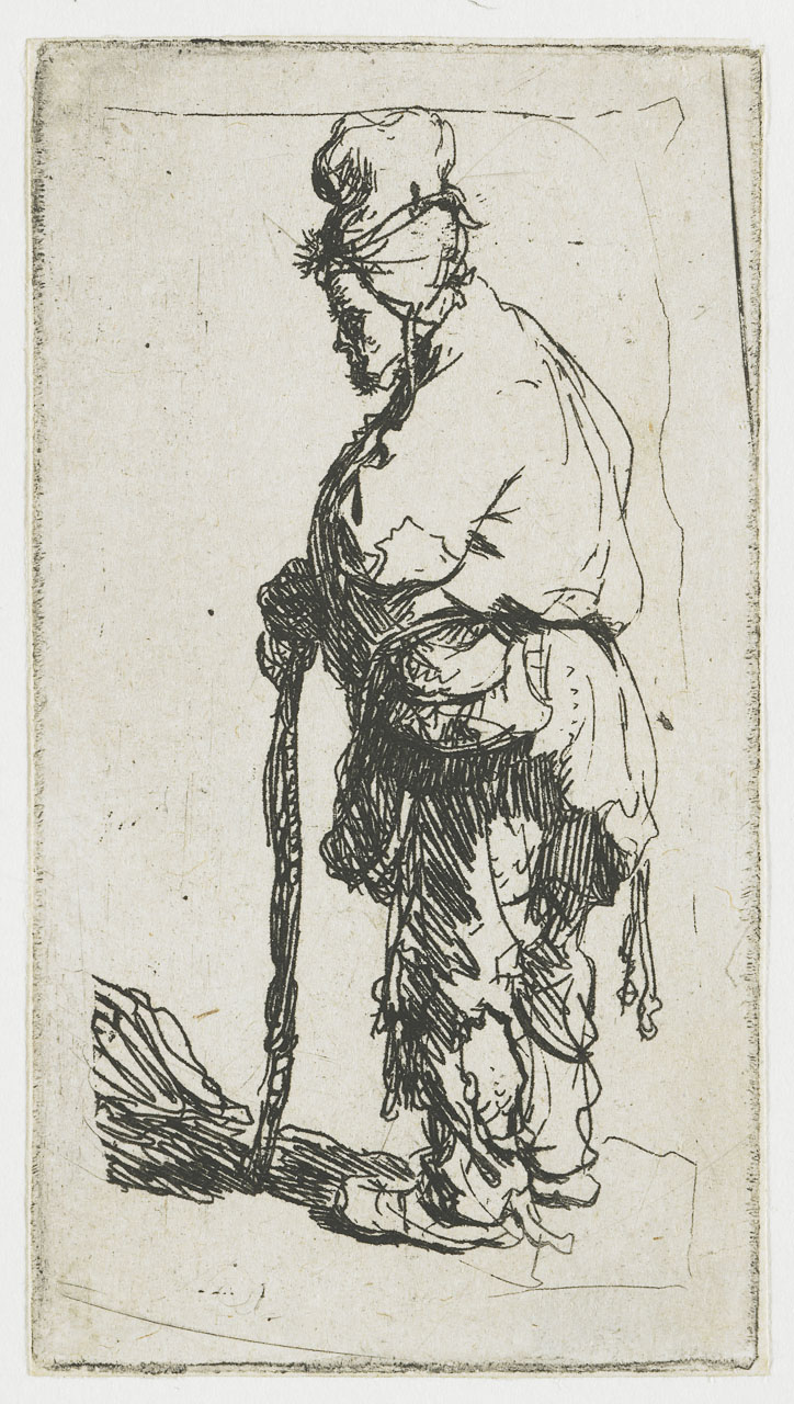 An intimate etching of a beggar in profile leaning on a long stick; wrapped cap, bristling beard, and layered, patched clothing are rendered with quick directional strokes against a mostly blank background with a small wedge of hatched ground.