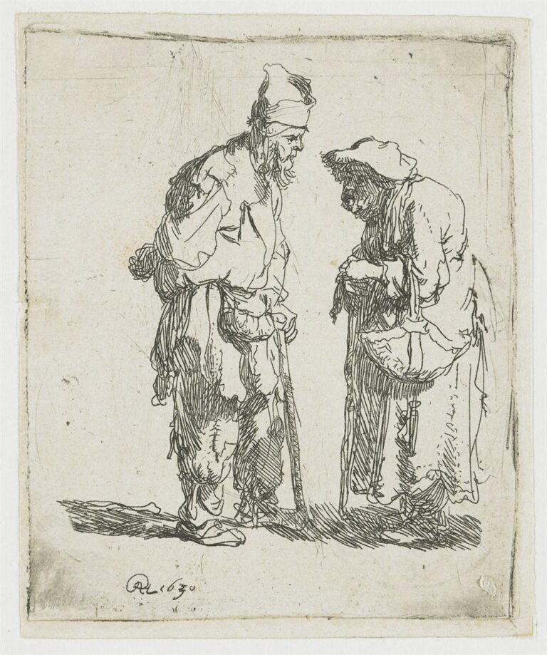 An etching of a ragged man and woman facing each other on a blank ground, both leaning on staffs; patched garments, bowed heads, and close posture convey a quiet conversation rendered with delicate cross-hatching and reserved white space.
