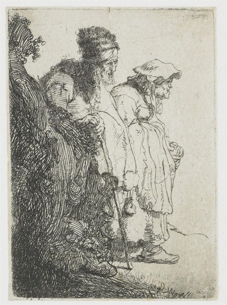 Etching of an old man and a woman standing behind a sloped bank; the man leans on a staff and wears a fur cap, the woman gathers her dress as they face right, while dense, swirling vegetation fills the left side and open paper lightens the right.
