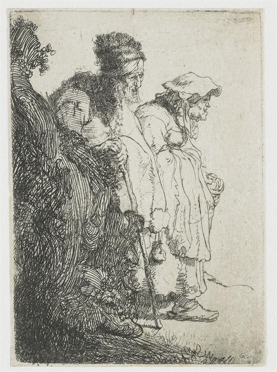 Etching of an old man and a woman standing behind a sloped bank; the man leans on a staff and wears a fur cap, the woman gathers her dress as they face right, while dense, swirling vegetation fills the left side and open paper lightens the right.