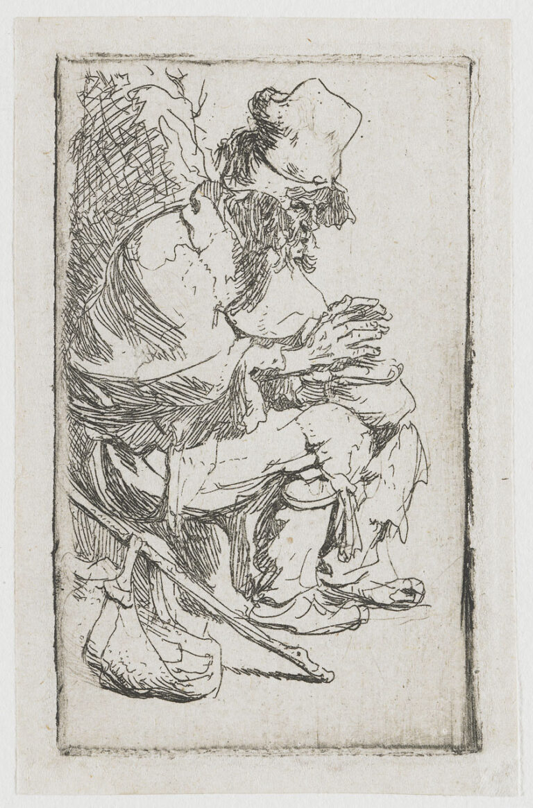 An intimate etching of a bearded man in a slouched cap, crouched and extending splayed fingers toward a low chafing dish; patched garments, a slanted staff with pouch, and a blank surrounding field emphasize the heat-seeking gesture.