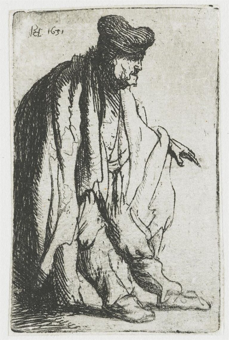 Etching of a cloaked beggar pressed to the left side of the frame, head bowed beneath a wrapped cap, knees bent, and left hand cautiously extended into the open space at right, rendered with dense hatching and spare lines.