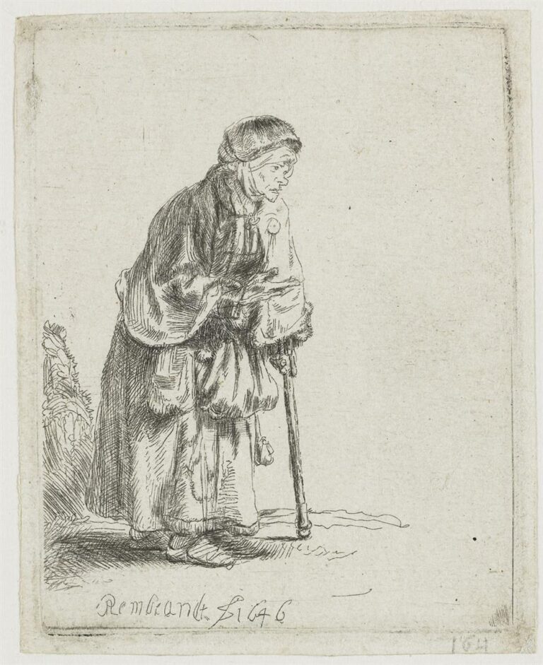 Small etching of an elderly woman bundled in layered clothes, leaning forward on a walking stick with one hand at her chest; she stands on a simple ground with ample blank space around her, signed “Rembrandt 1646.”