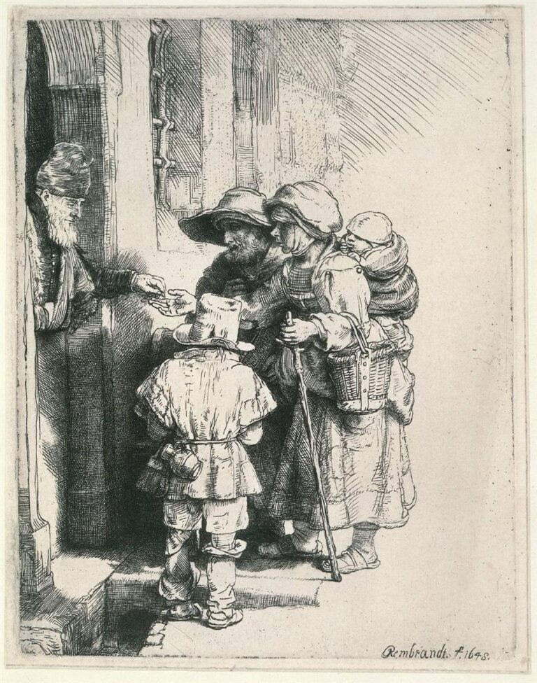 Rembrandt etching of a doorway where a bearded householder extends a coin to a group of beggars—a man, a woman with a baby on her back, and a child seen from behind—standing on the step with staff, basket, and patched clothes, the scene lit softly against a blank wall.