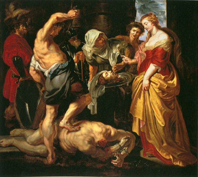 In a dim interior, the headless body of St. John lies on the floor while a half-nude executioner raises his sword; a maid presents the saint’s severed head on a silver platter to Salome in red and gold, with soldiers and attendants crowding around.