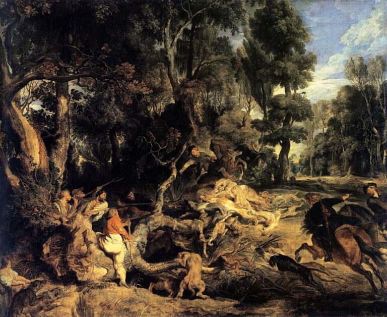 Baroque painting by Peter Paul Rubens depicting a boar hunt in a dense forest where hounds swarm a twisting boar at a sunlit clearing as riders and beaters converge with spears; towering trees frame the melee and a riverbed churns under hooves and paws.