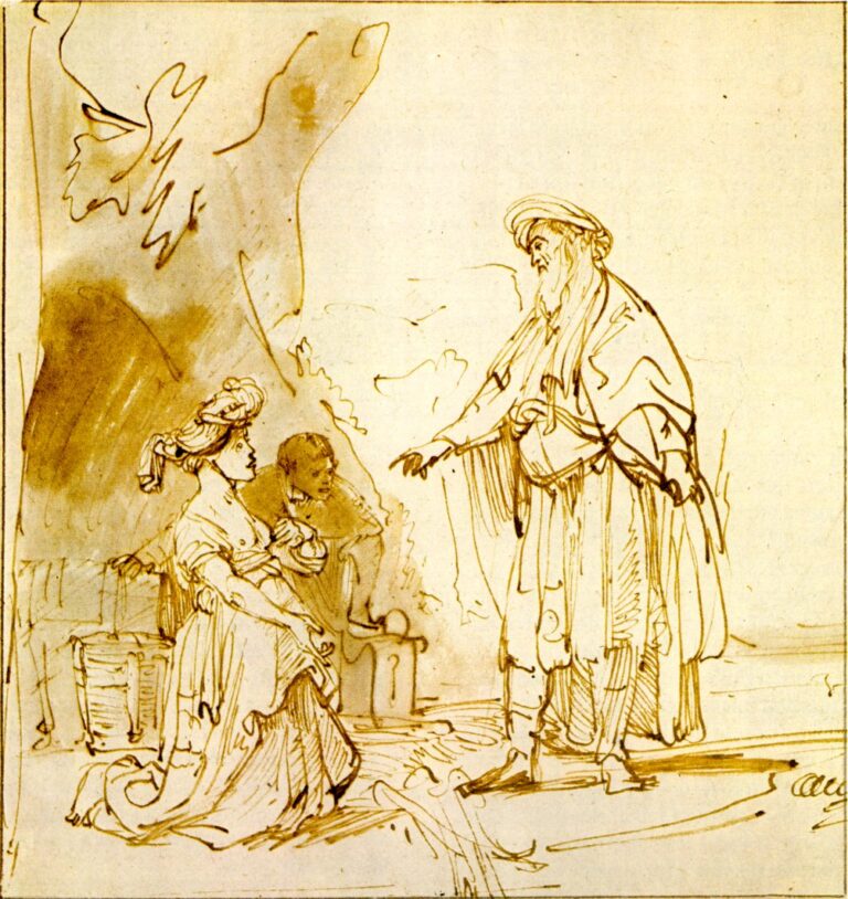 Pen-and-wash drawing by Rembrandt showing Ruth kneeling at left, Boaz standing at right with an outstretched hand, and a witness behind; sparse lines and warm washes suggest a threshing-floor setting and a respectful conversation between the figures.