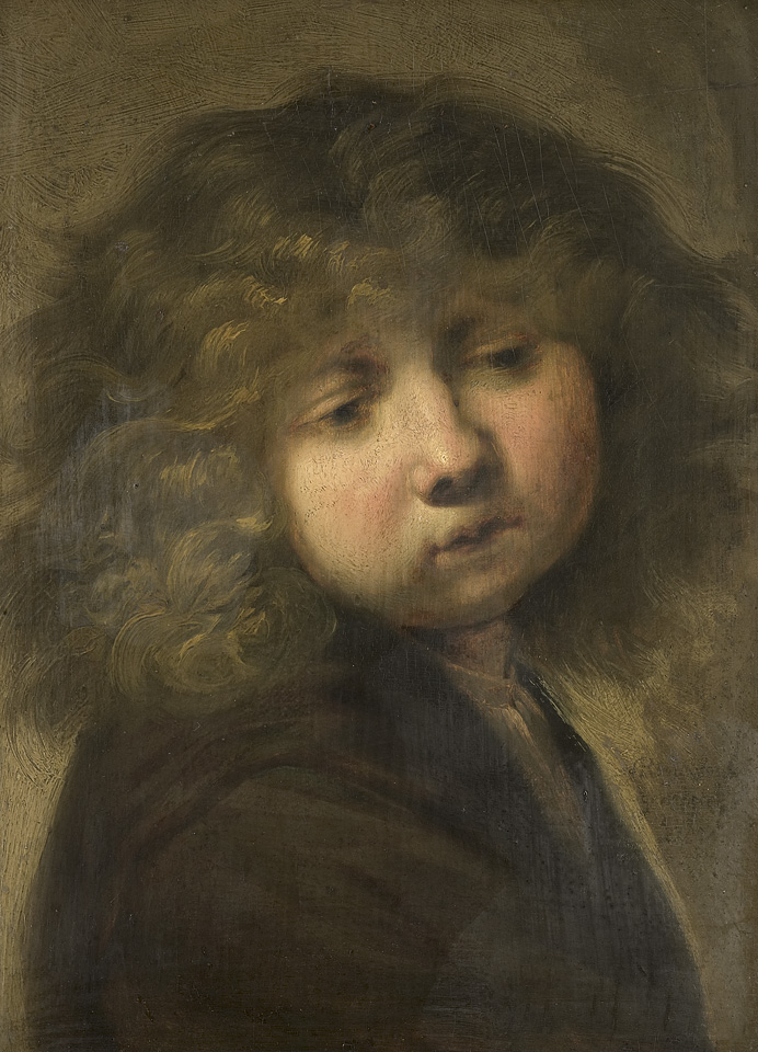 Rembrandt painting of a young boy seen in close-up, head turned over his shoulder with downcast eyes; soft curls glow against a warm brown background, and delicate light models the face with gentle highlights and shadows.
