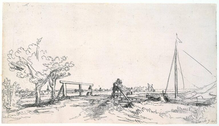 Rembrandt etching of a Dutch drawbridge spanning a calm waterway; trees cluster at left, a lone figure stands on a small stair by the bridge’s gear, and a moored sailing boat with tall mast anchors the right under a wide, nearly blank sky.