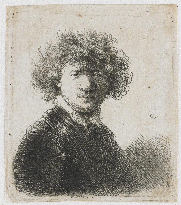 An intimate Rembrandt etching of an elderly man at bust length with head bowed; a flowing beard modeled by looping lines descends into a dark cloak while the left shoulder is left bright and largely unshaded against a plain background.