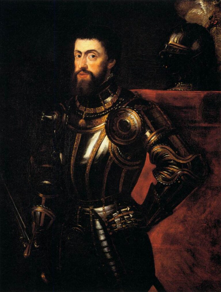 Half-length portrait of Emperor Charles V by Peter Paul Rubens, shown in black-and-gold damascened armor before a dark ground, with a plumed helmet resting on red drapery and the emperor’s steady gaze directed toward the viewer.
