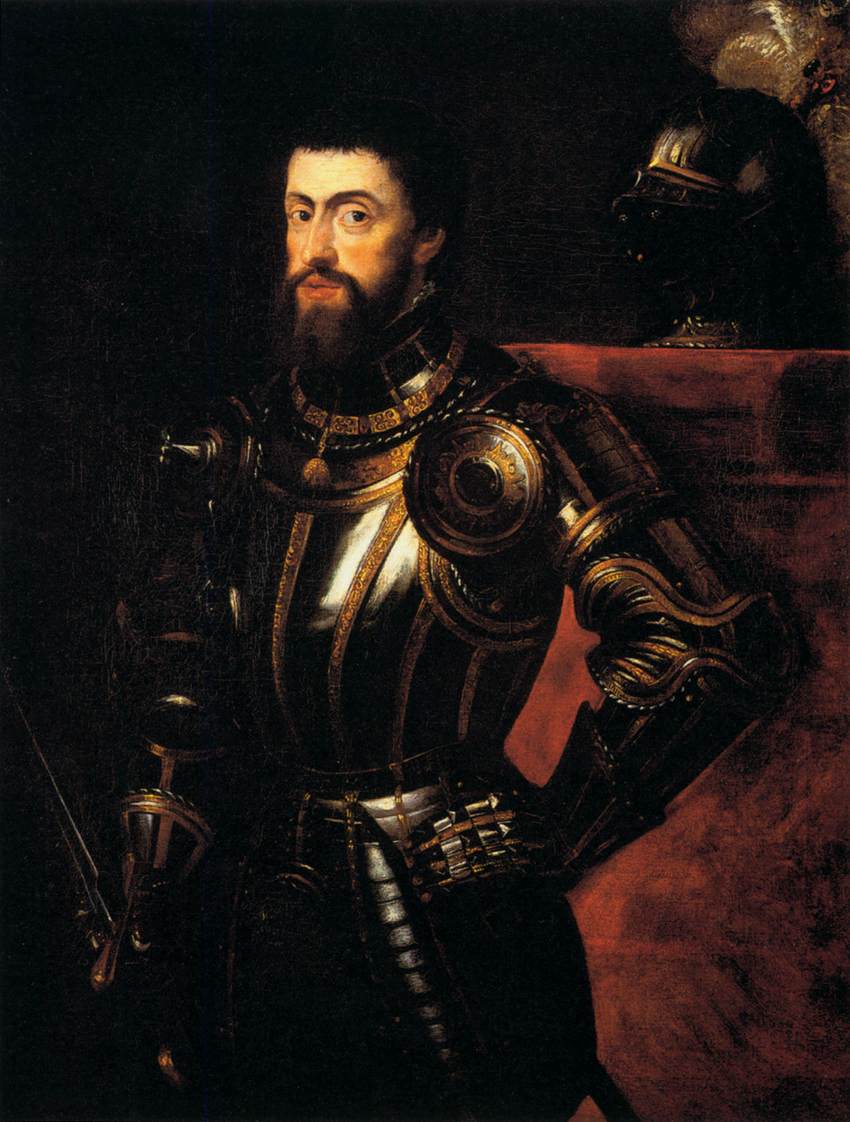 Half-length portrait of Emperor Charles V by Peter Paul Rubens, shown in black-and-gold damascened armor before a dark ground, with a plumed helmet resting on red drapery and the emperor’s steady gaze directed toward the viewer.