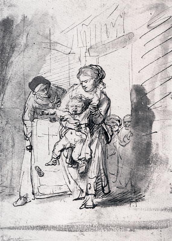 Pen and wash drawing by Rembrandt showing a woman carrying a writhing, crying child through a doorway as another adult assists, with quick lines and gray washes emphasizing movement and the household setting.