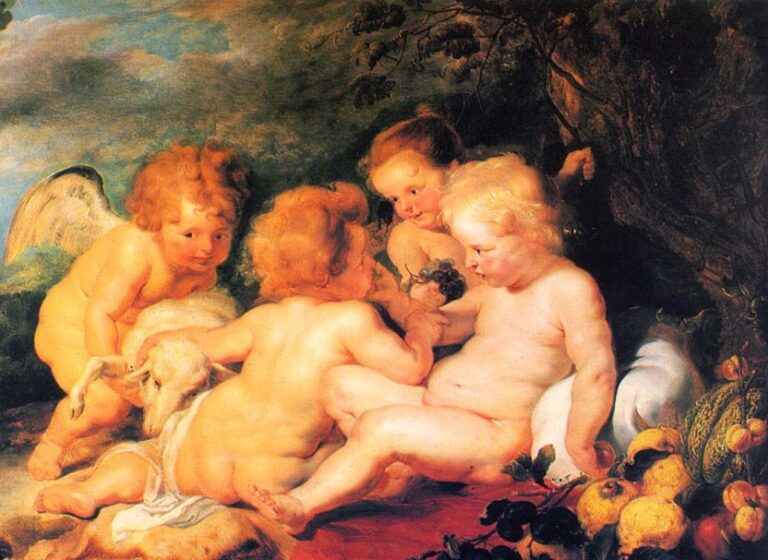 Four rosy children—Christ, St. John with a lamb, and two angels—sit on a red cloth under foliage, passing a cluster of grapes amid quinces and melons, their limbs intertwined and faces softly lit in an intimate Baroque scene.