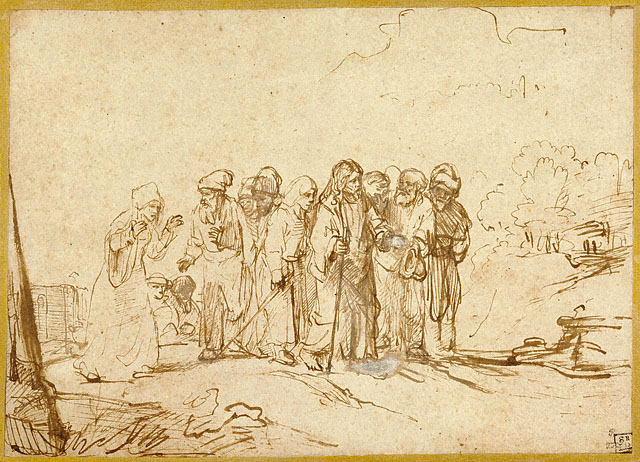 Brown-ink drawing of Christ and apostles clustered on a path as a woman at the left leans forward pleading; Christ turns toward her with a softening hand while the disciples press behind him, and a few light strokes suggest distant trees and terrain.