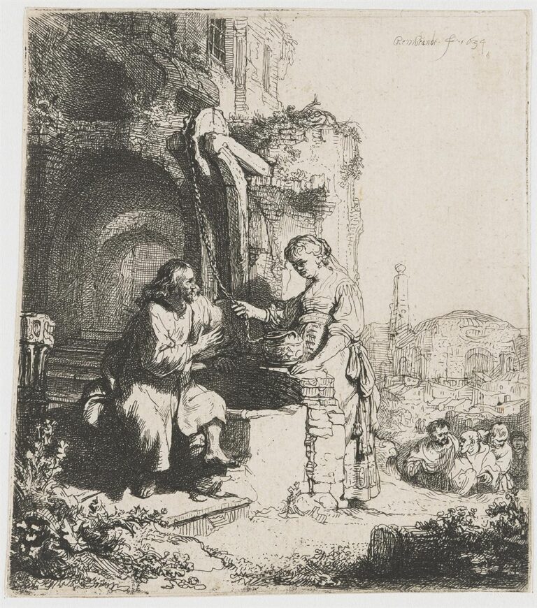 Etching of Christ seated at a ruined well speaking with a standing Samaritan woman holding a jug and rope; a dark arch, trickling spout, distant town, and approaching disciples frame the intimate exchange in bright, focused light.