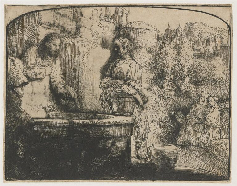 Etching with an arched top showing Jesus leaning across a well toward the Samaritan woman holding her water jar, a path and town opening to the right while the disciples approach in the middle distance; rich hatching forms stone and shade, with lighter plate tone in the landscape.