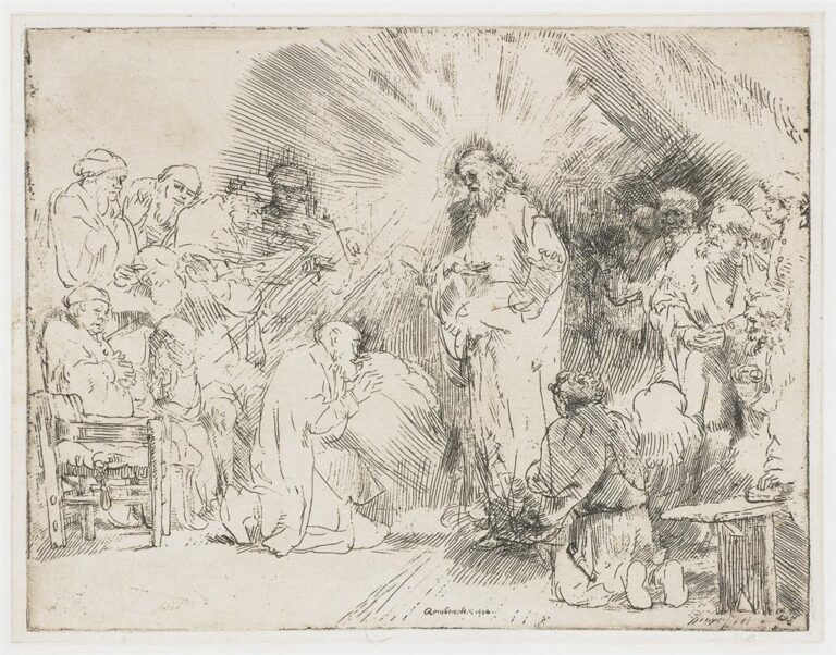 Etching of the risen Christ materializing among the apostles in a simple room; radiant lines halo his figure while disciples kneel, sit, and reach toward him in awe, their forms arranged in a loose circle around the central light.