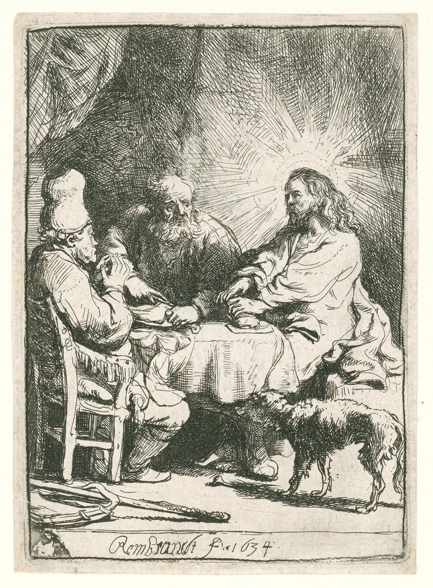 Small etching of three men at a table as Christ breaks bread; two disciples gaze in dawning recognition while a radiant nimbus glows behind Christ’s head, a walking staff lies on the floor, and a dog stands near the table in a shadowed room.
