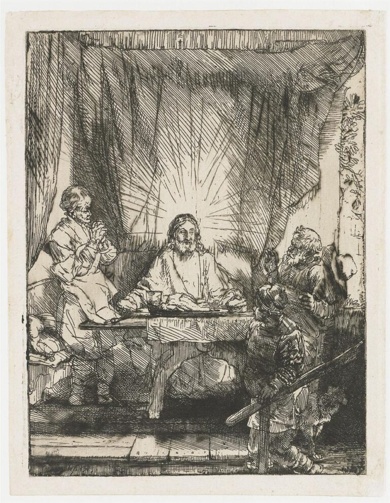 Etching by Rembrandt showing Christ seated at a table blessing bread as rays of light burst behind him, two disciples reacting in prayer and astonishment, a large drapery forming a canopy, and an inn servant at right holding a long staff within a simple interior.