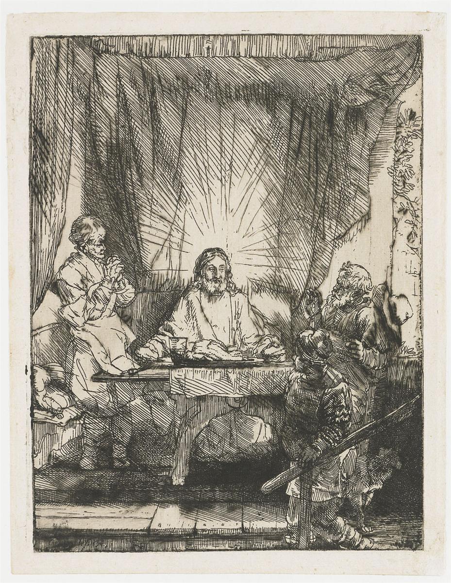 Etching by Rembrandt showing Christ seated at a table blessing bread as rays of light burst behind him, two disciples reacting in prayer and astonishment, a large drapery forming a canopy, and an inn servant at right holding a long staff within a simple interior.