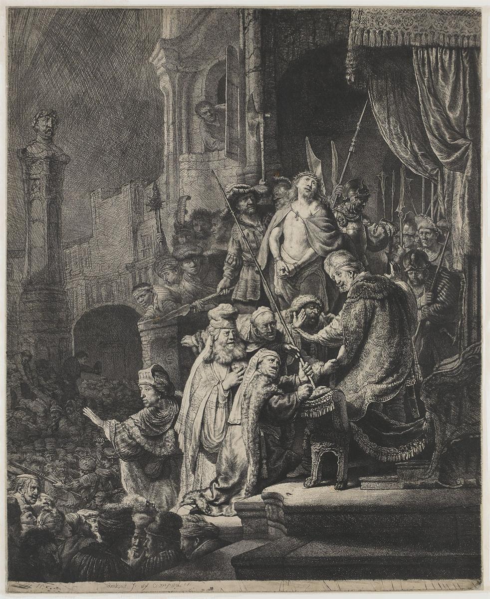 Large Rembrandt etching of the trial scene: Pilate enthroned under a canopy confers with priests, soldiers crowd the platform with spears, and a bound Christ crowned with thorns stands quietly amid the tumult; dense architecture and a packed crowd fill the left side while sharp light models key figures.