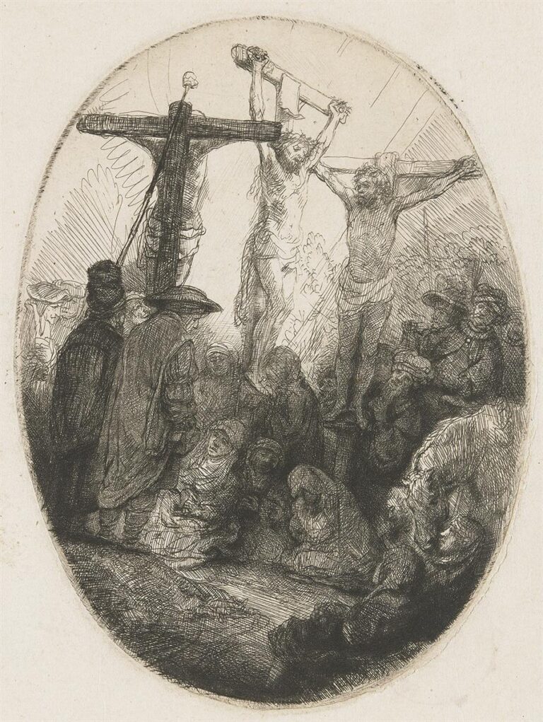 Oval etching by Rembrandt showing the crucifixion: Christ illuminated at center between two thieves on wooden crosses, with a dense crowd of mourners, soldiers, and onlookers gathered below, modeled in rich cross-hatching and dramatic light.