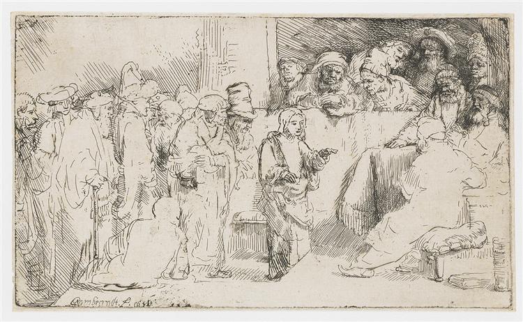 Rembrandt etching of the twelve-year-old Jesus standing among learned elders in a crowded temple; scholars lean over a cloth-draped table and from a raised gallery while the boy gestures calmly at center, rendered in lively, economical lines.