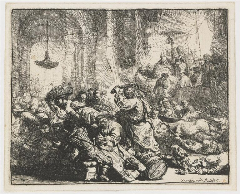 Dense etching of a temple interior where Christ, silhouetted by a burst of light, drives merchants and animals into chaos; barrels roll, coins spill, and a gallery of onlookers crowds the upper register beneath towering arches.