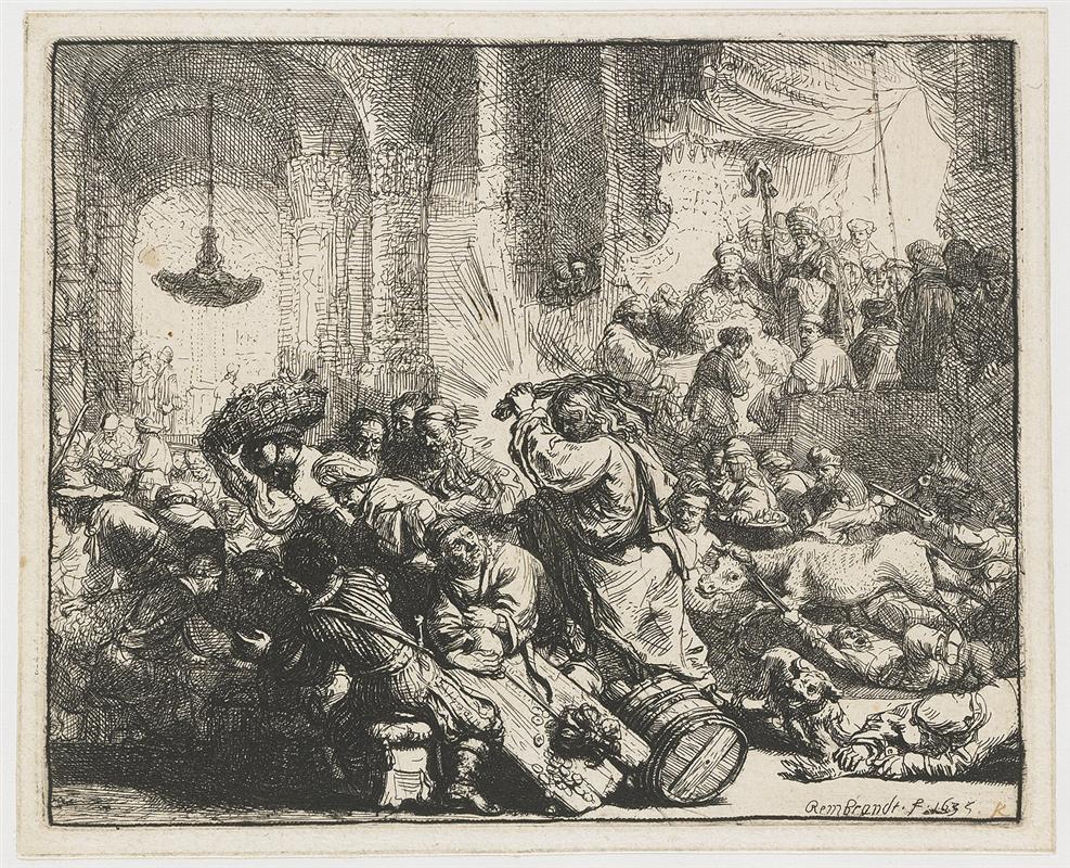Dense etching of a temple interior where Christ, silhouetted by a burst of light, drives merchants and animals into chaos; barrels roll, coins spill, and a gallery of onlookers crowds the upper register beneath towering arches.
