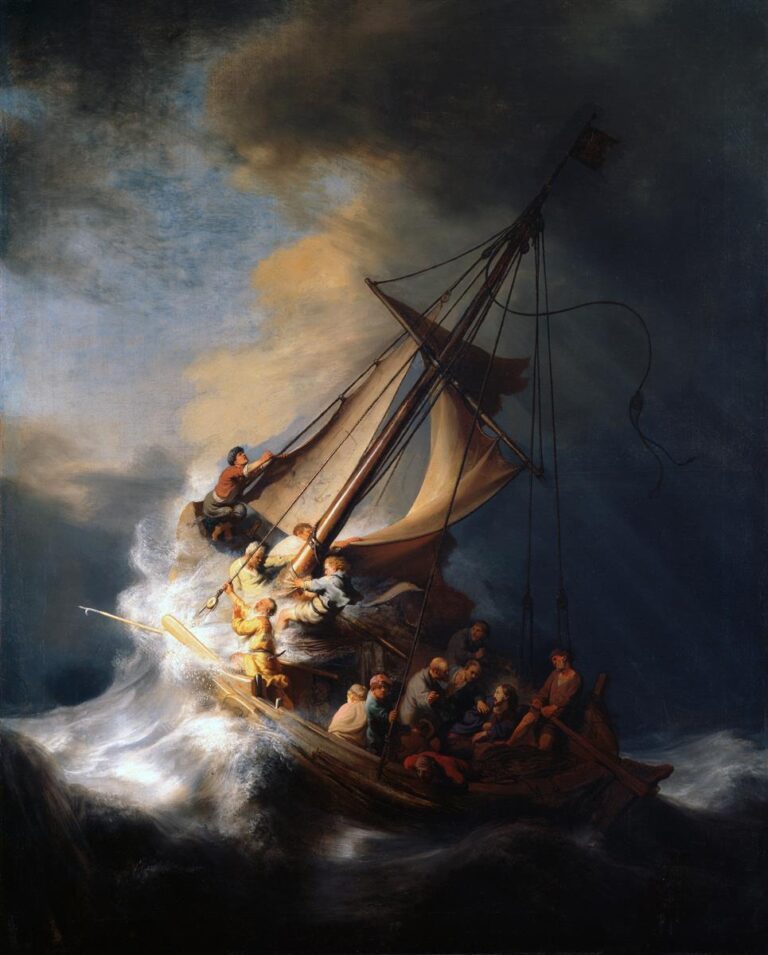 Dramatic seascape of a small boat pitched on towering waves as disciples struggle with ripped sails while Christ sits calm in the shadowed stern beneath a rift of storm clouds.