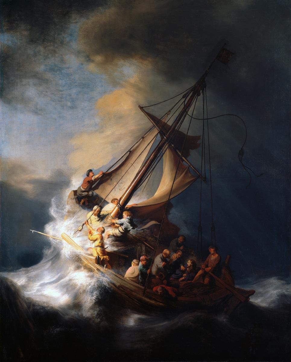 Dramatic seascape of a small boat pitched on towering waves as disciples struggle with ripped sails while Christ sits calm in the shadowed stern beneath a rift of storm clouds.