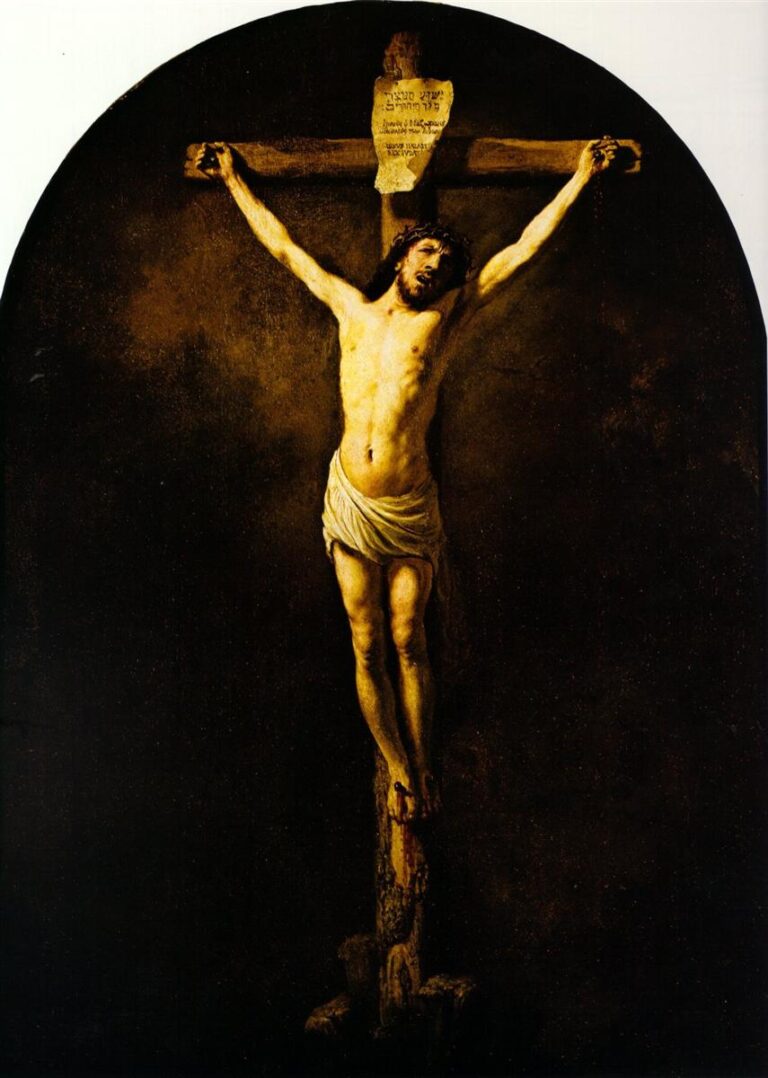 Painting of the crucifixion by Rembrandt showing Christ illuminated on a wooden cross against deep darkness, head bowed, arms outstretched, and a white loincloth glowing under a soft, golden light.